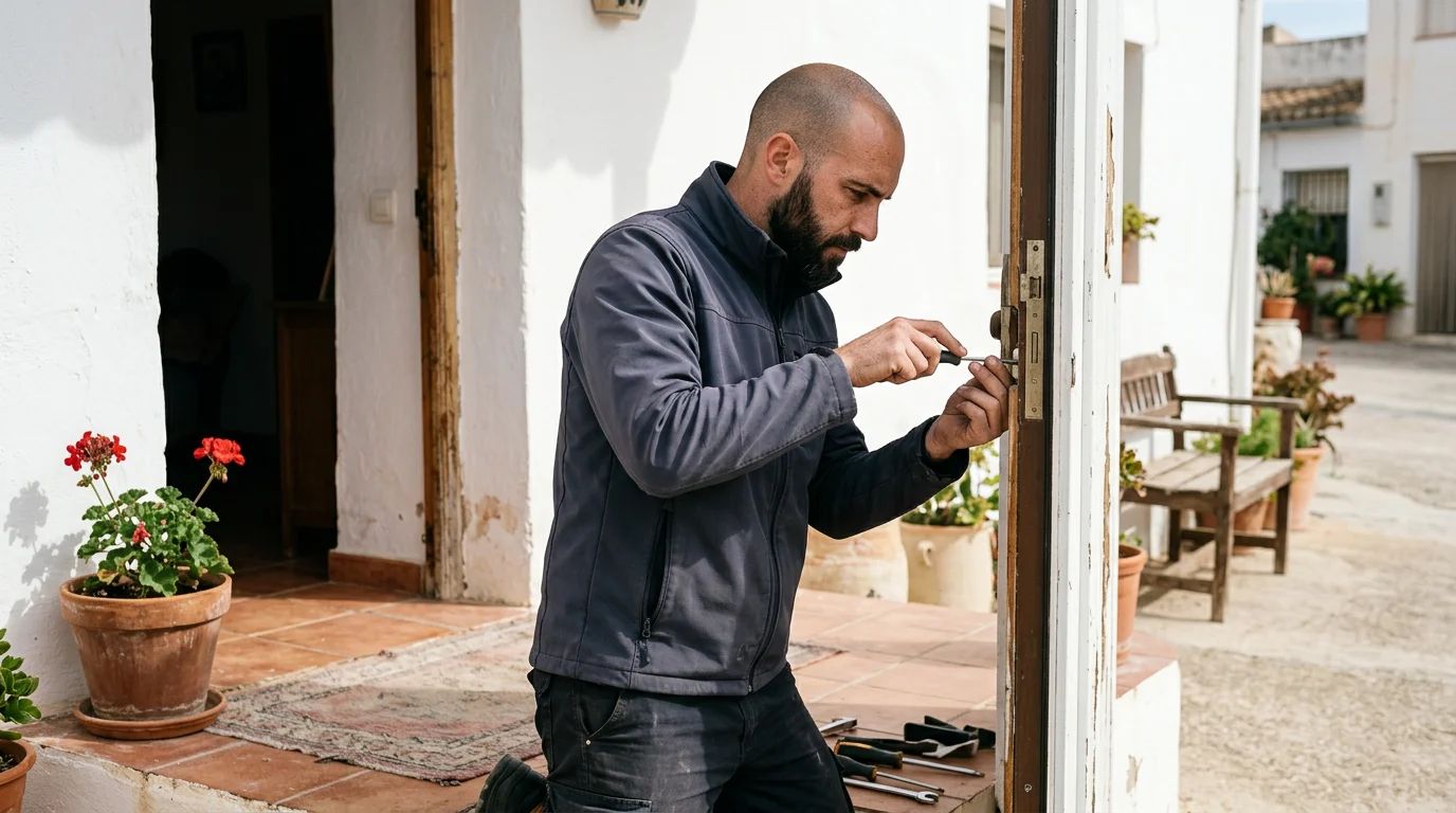 Cerrajeros: técnico revisando la cerradura de una puerta de entrada
