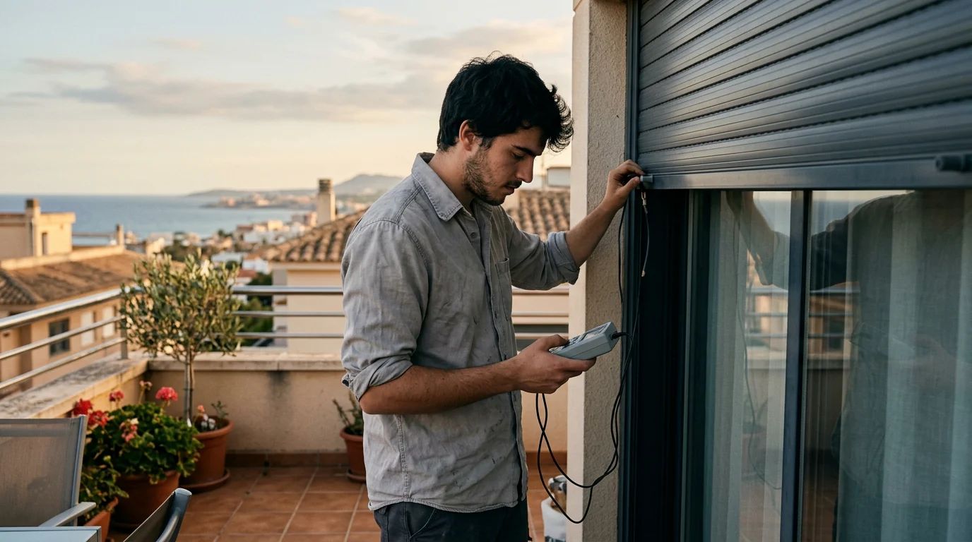 Reparación de persianas: técnico revisando el motor de una persiana en una terraza