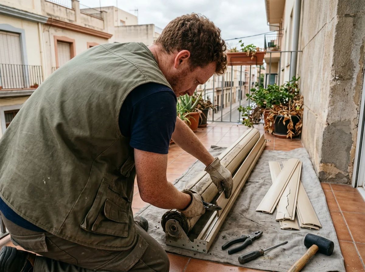 Técnico sustituyendo las lamas de una persiana en una terraza