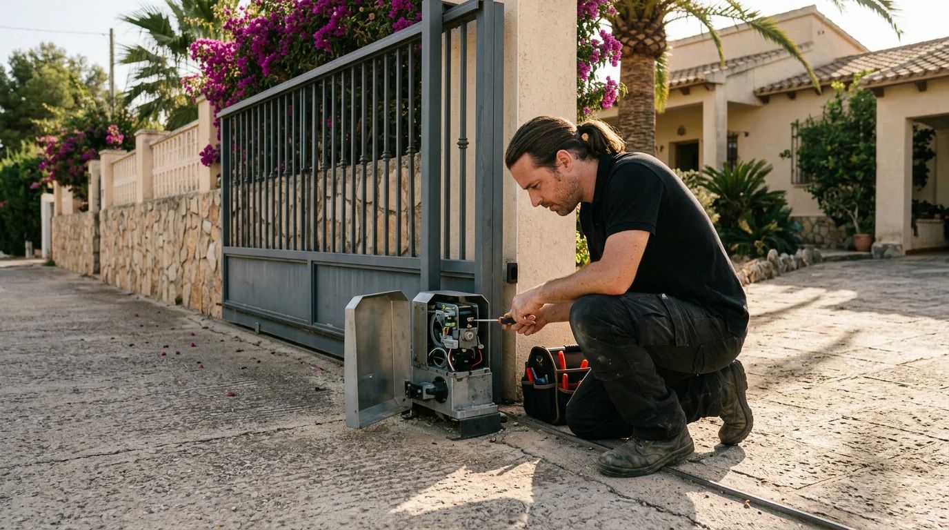 Técnico revisando el motor de una puerta corredera