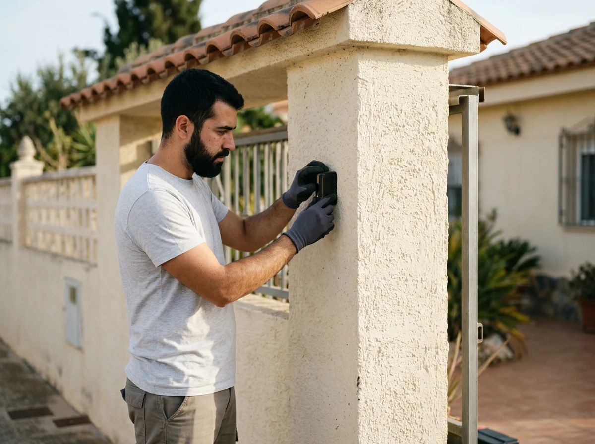 Automatismos de puertas en la provincia de Alicante: técnico ajustando la fotocélula de una cancela