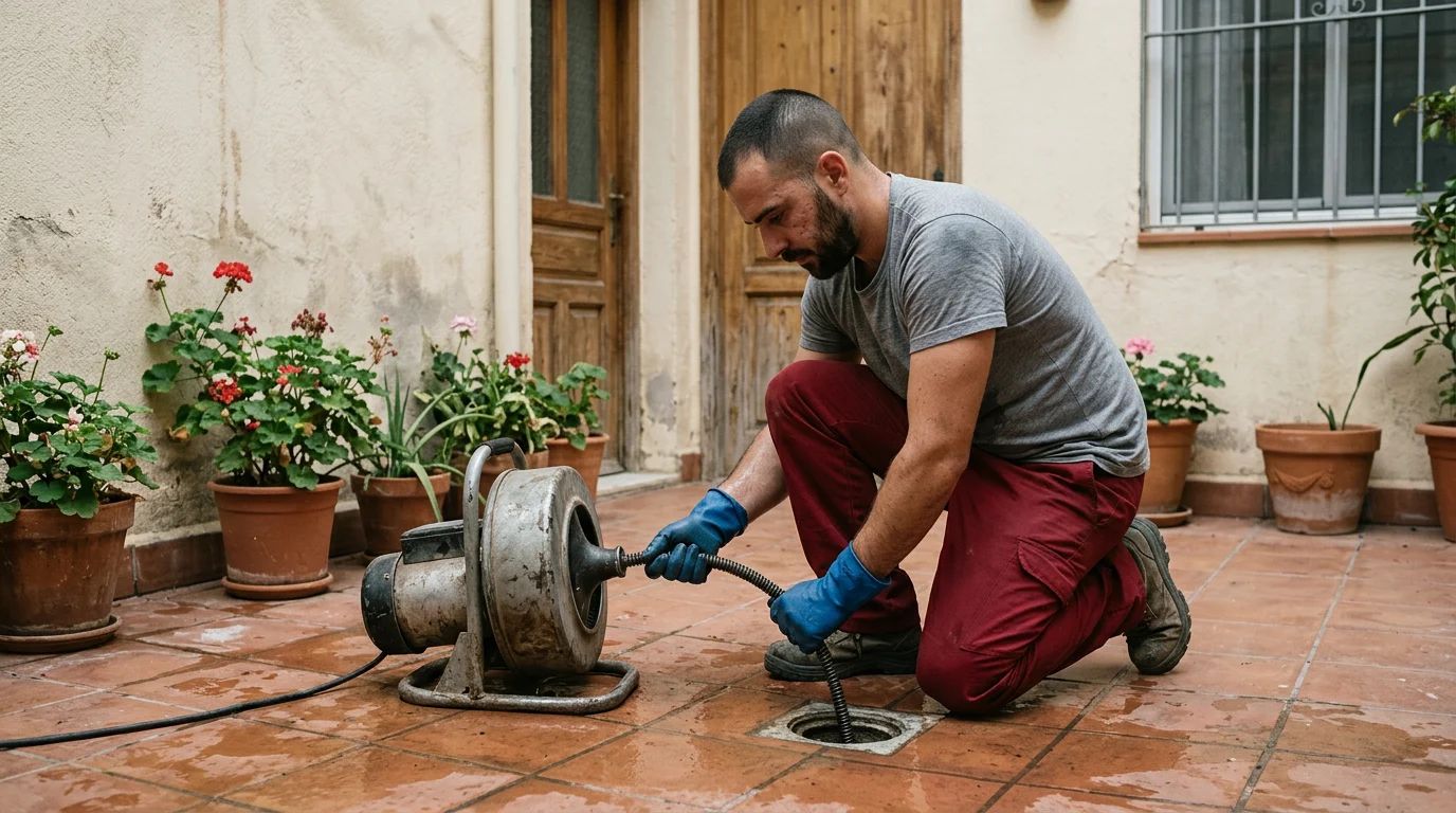 Desatascos en la provincia de Alicante: técnico desatascando un desagüe con máquina en un patio