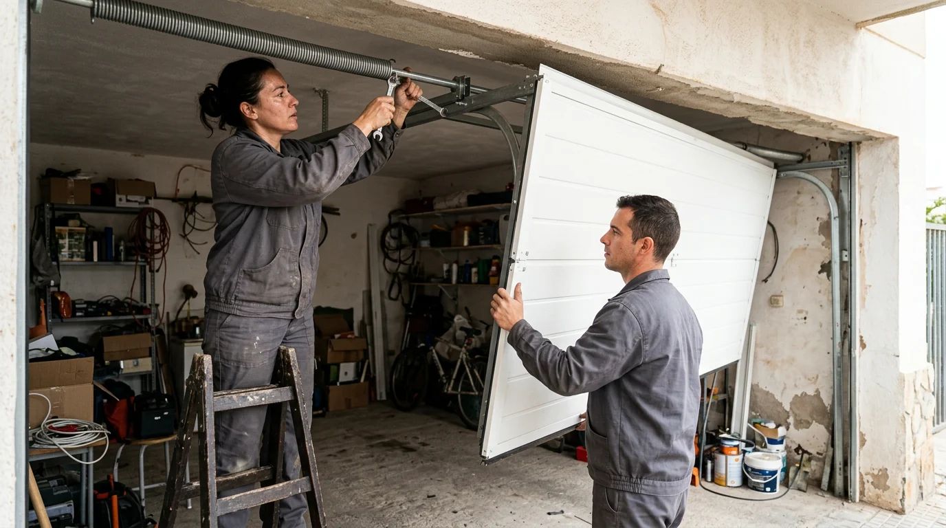 Dos técnicos ajustando una puerta de garaje seccional