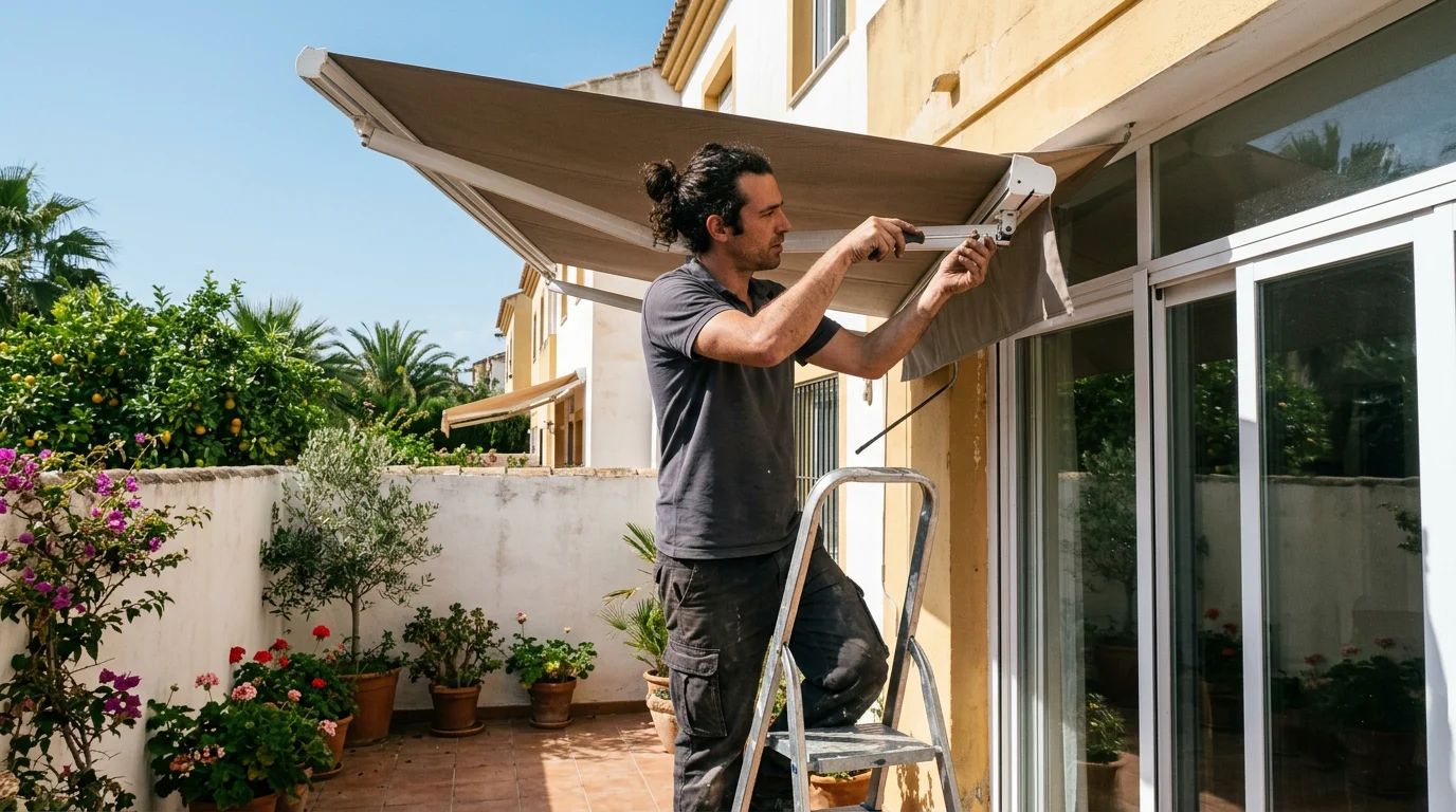 Reparación de persianas: técnico revisando el mecanismo de un toldo