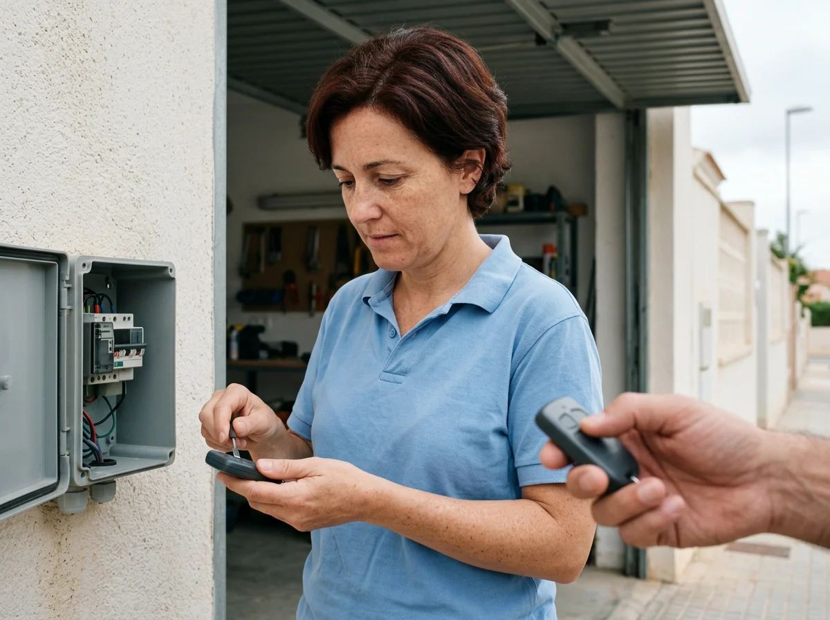 Automatismos de puertas: técnico programando el mando de una puerta automática