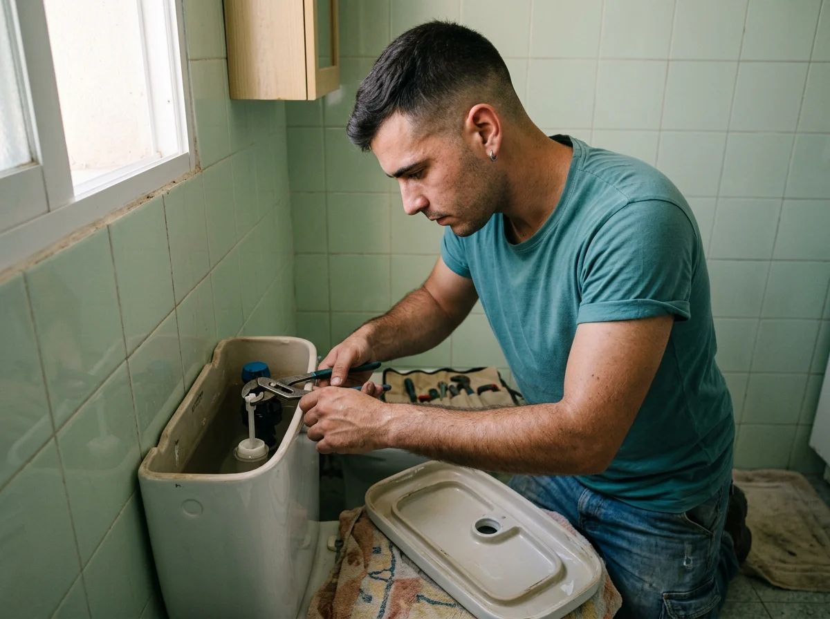 Fontaneros: técnico reparando el mecanismo de una cisterna