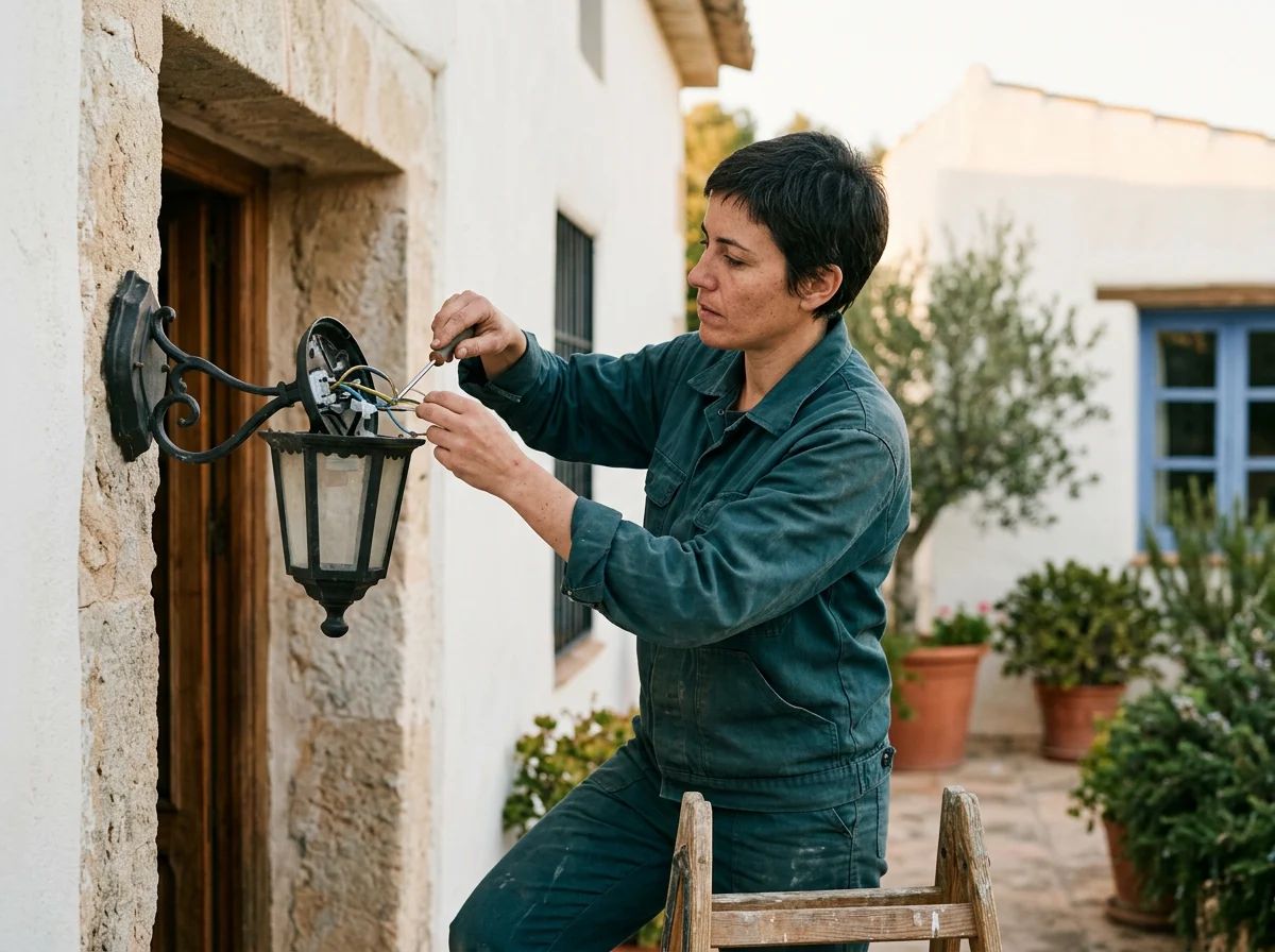 Electricistas: técnico revisando la iluminación exterior de una casa