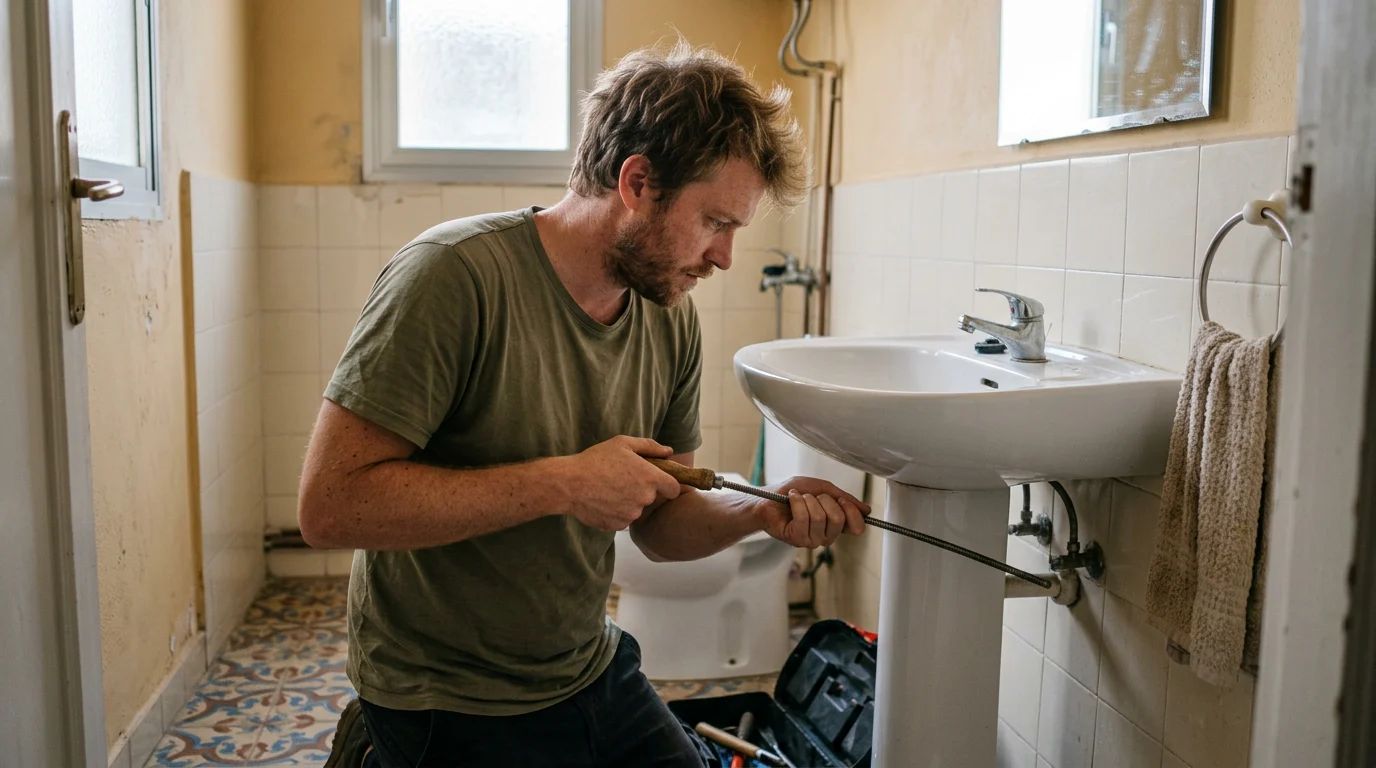 Desatascos: técnico desatascando el lavabo de un baño