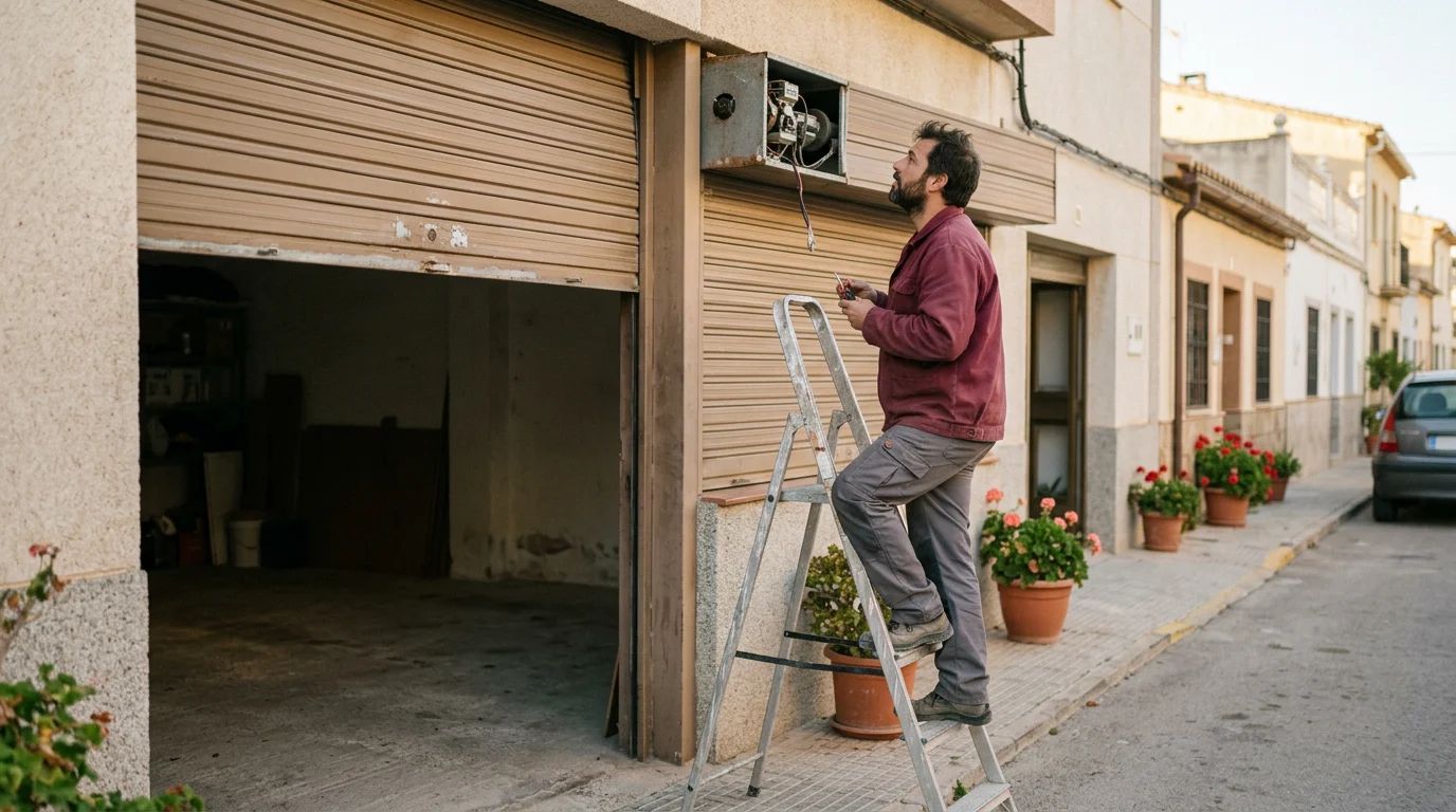 Puertas de garaje: técnico reparando una puerta de garaje enrollable