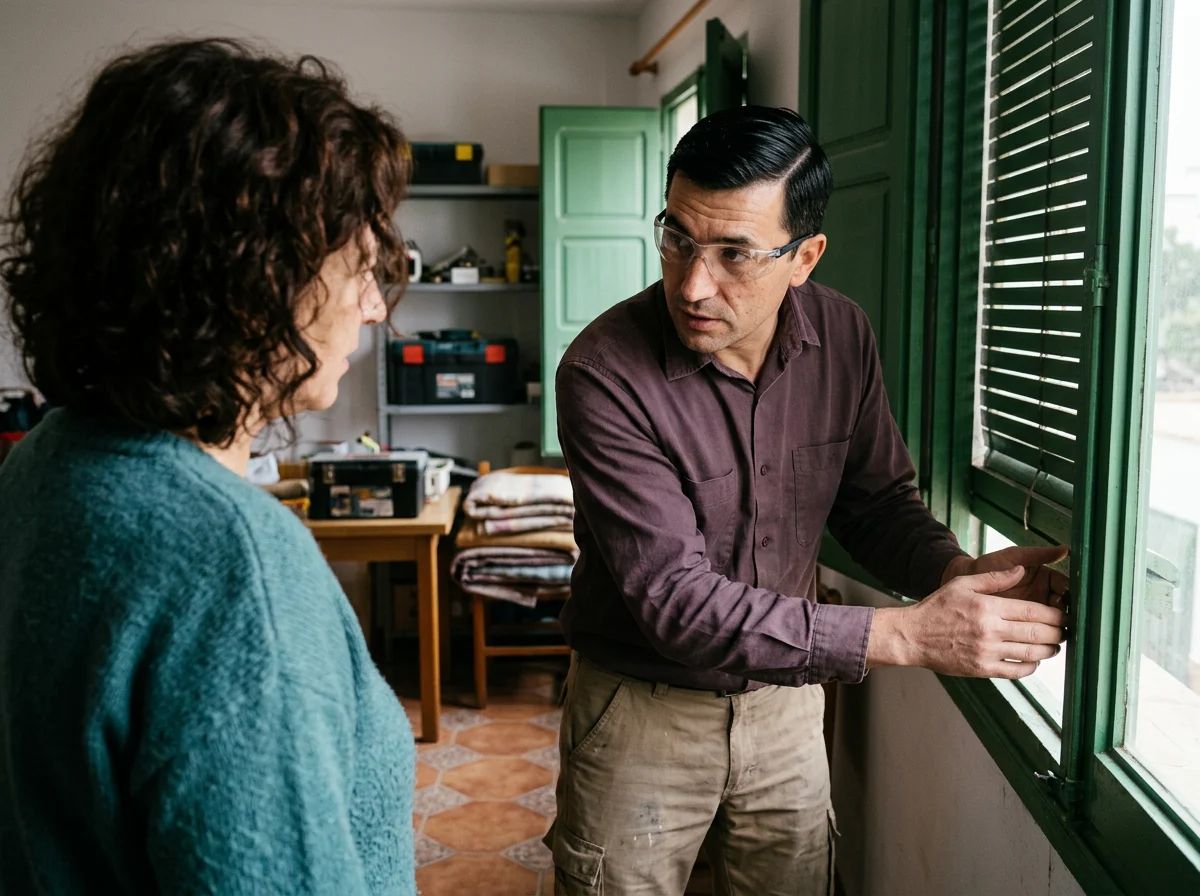 Reparación de persianas en Sella: técnico explicando la reparación al cliente