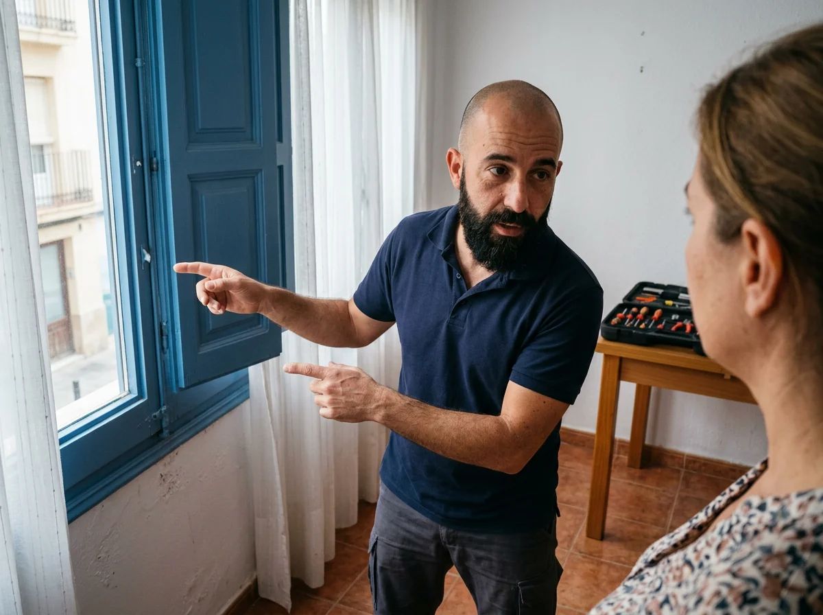 Reparación de persianas en Orihuela: técnico explicando la reparación al cliente