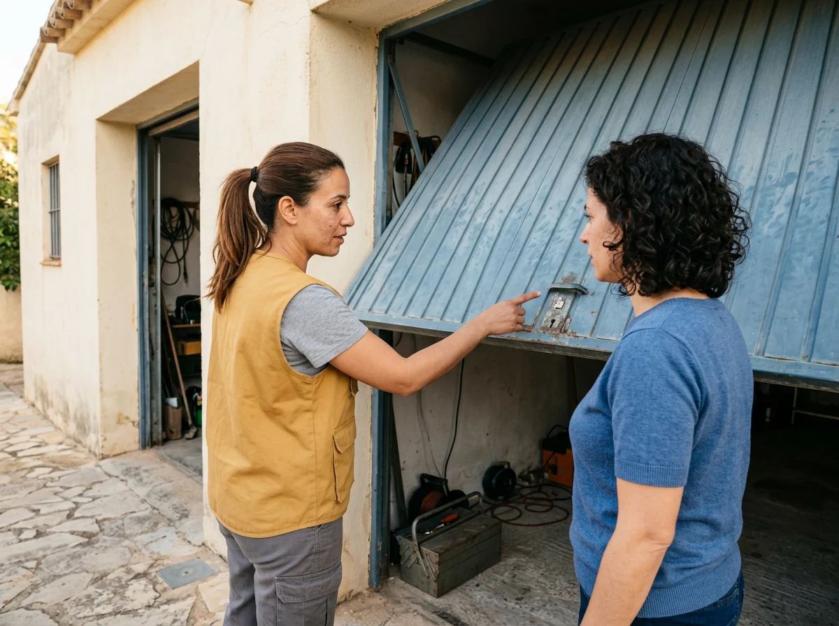 Puertas de garaje en Crevillent: técnico explicando la reparación al cliente
