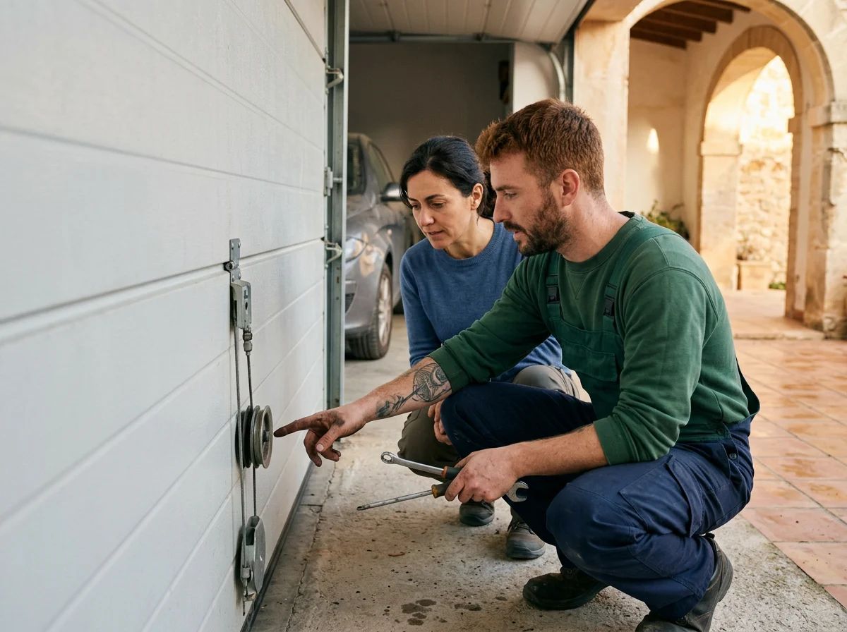 Puertas de garaje en La Vall de Laguar: técnico explicando la reparación al cliente
