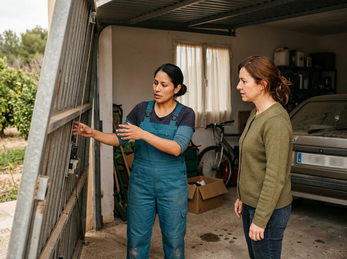 Puertas de garaje en Benigembla: técnico explicando la reparación al cliente