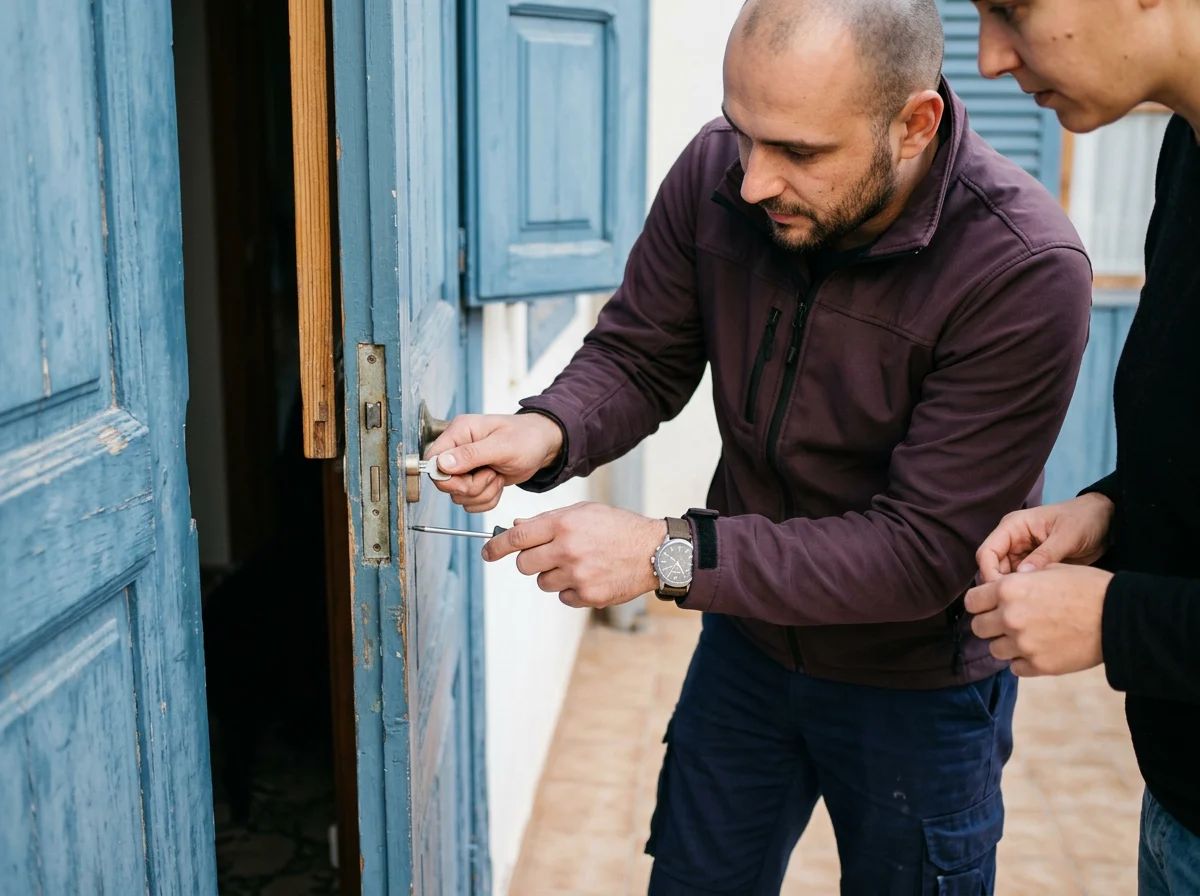 Cerrajeros en Orihuela: técnico explicando al cliente cómo funciona la cerradura nueva