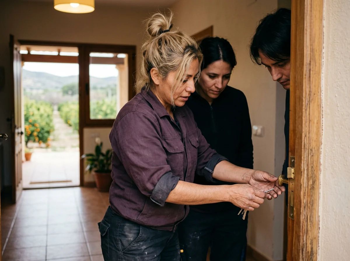 Cerrajeros en Gata de Gorgos: técnico explicando al cliente cómo funciona la cerradura nueva
