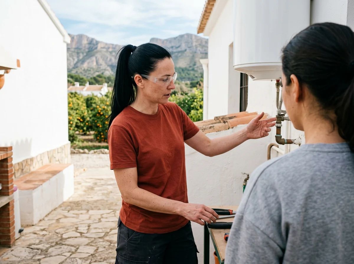 Fontaneros en La Vall de Gallinera: técnico explicando la reparación al cliente