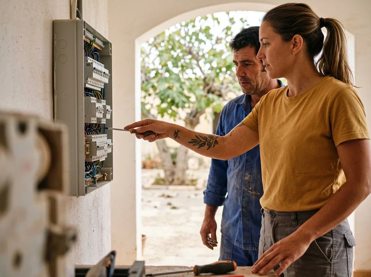 Electricistas en Salinas: técnico explicando el cuadro al cliente