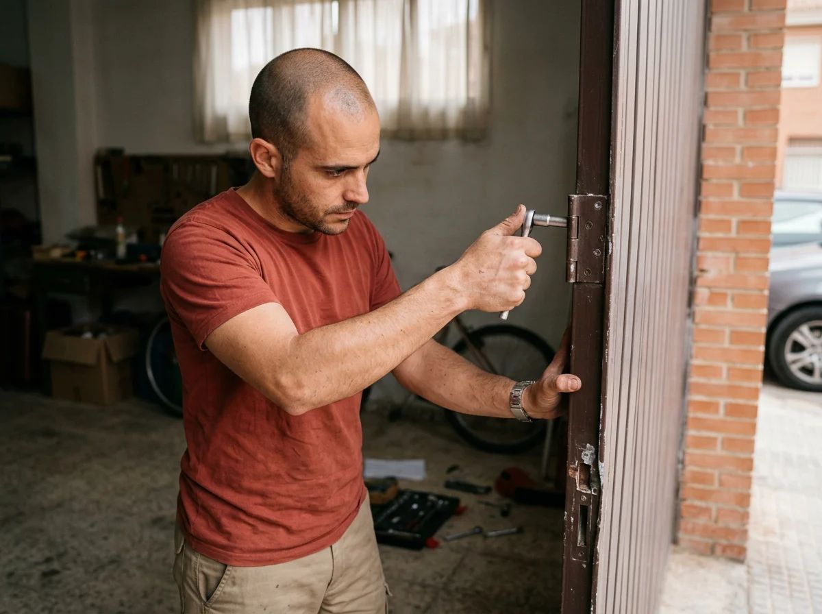 Puertas de garaje en Alcoy: apriete de una bisagra