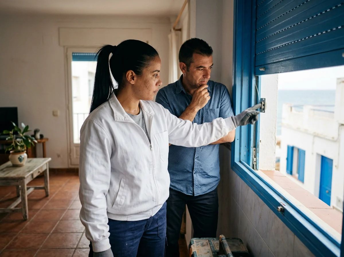 Reparación de persianas en Benissa: técnico explicando la reparación al cliente