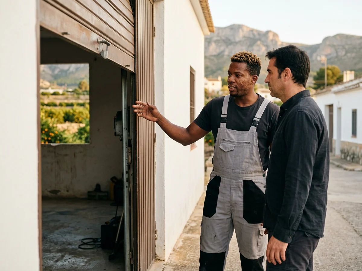 Puertas de garaje en Jalón: técnico explicando la reparación al cliente