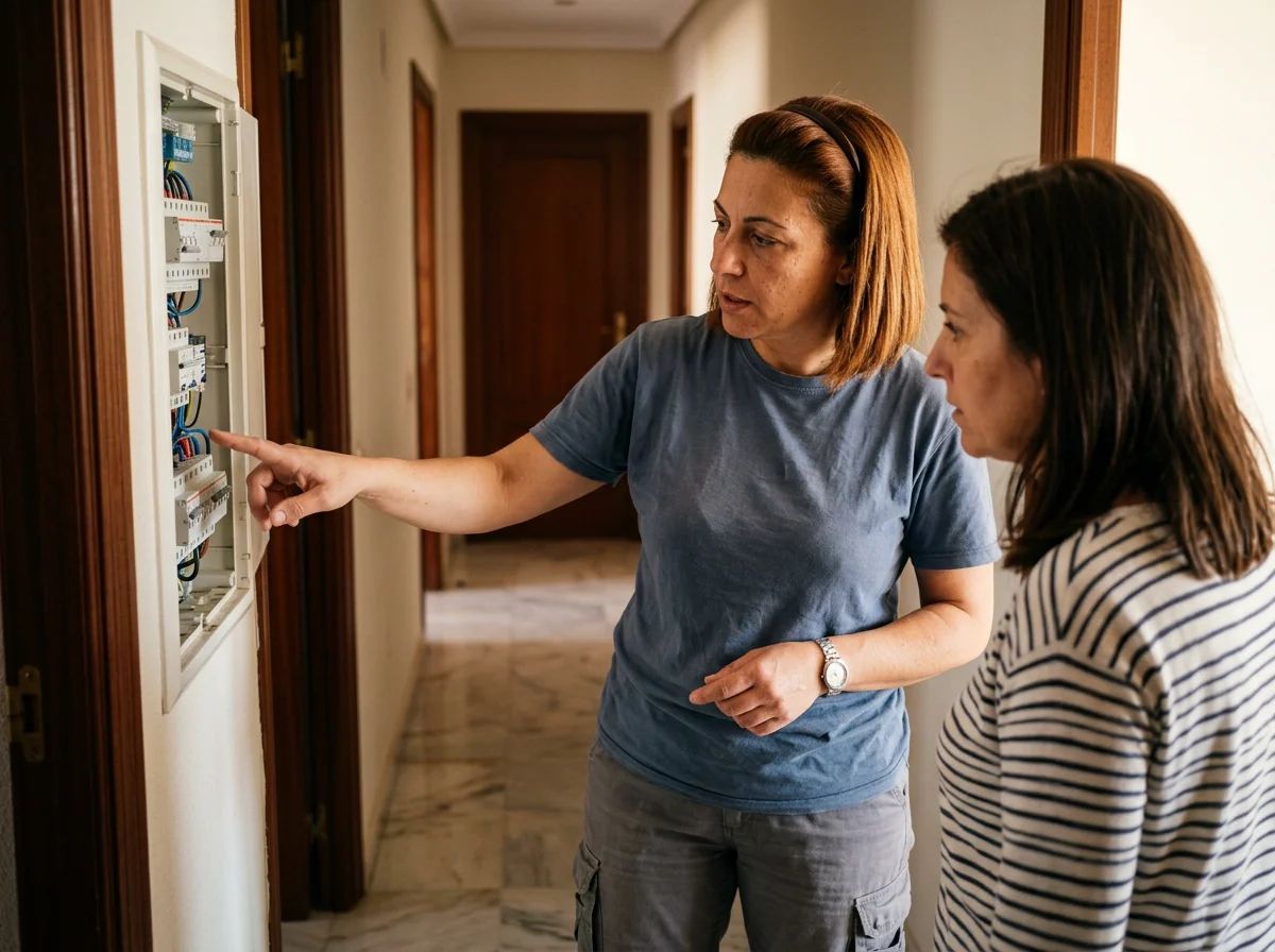 Electricistas en Agost: técnico explicando el cuadro al cliente