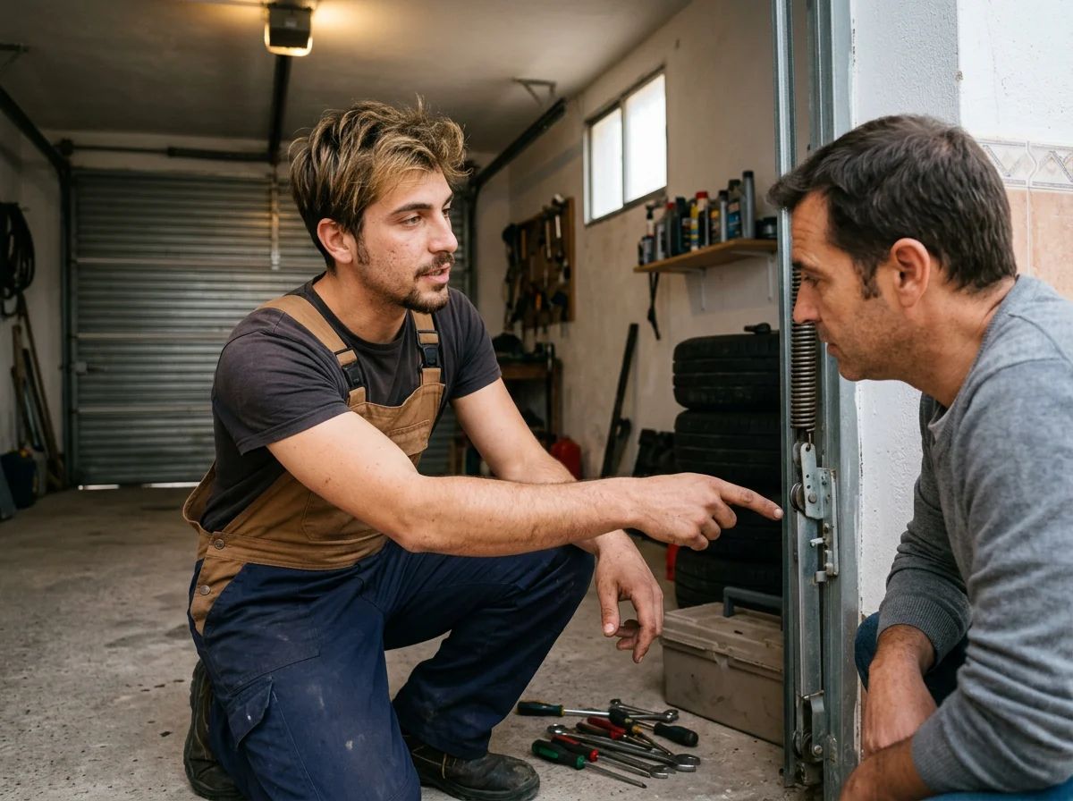 Puertas de garaje en Petrer: técnico explicando la reparación al cliente