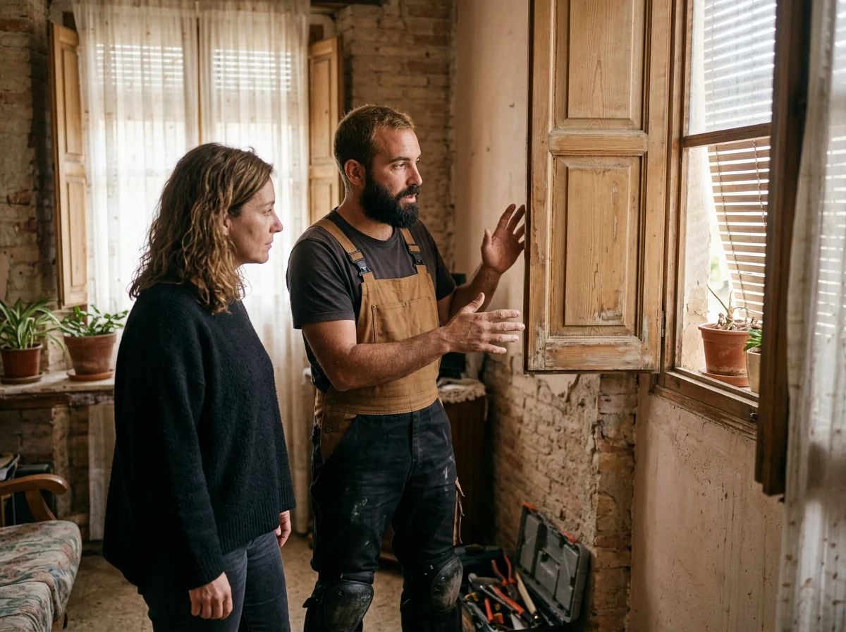 Reparación de persianas en Aspe: técnico explicando la reparación al cliente