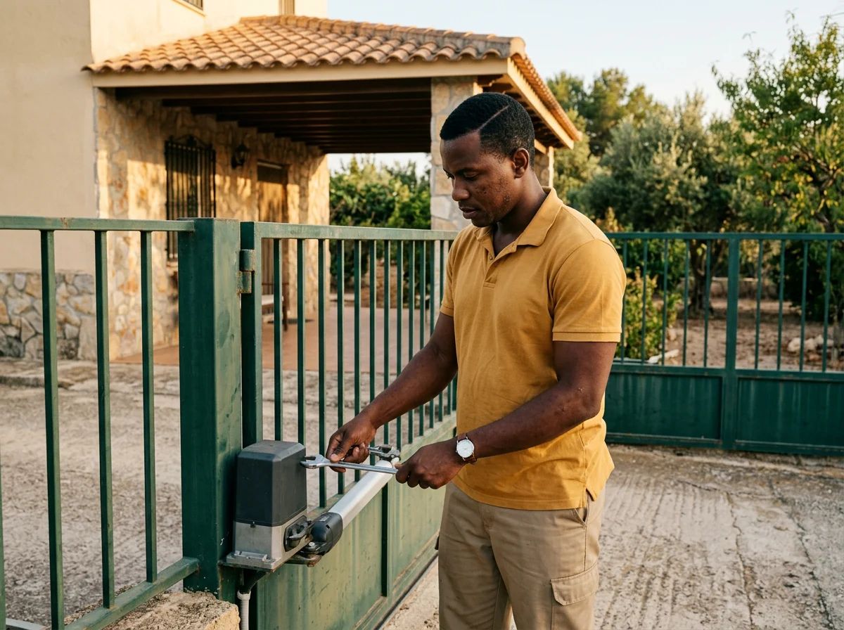 Automatismos de puertas en Dolores: técnico ajustando el motor de una cancela batiente