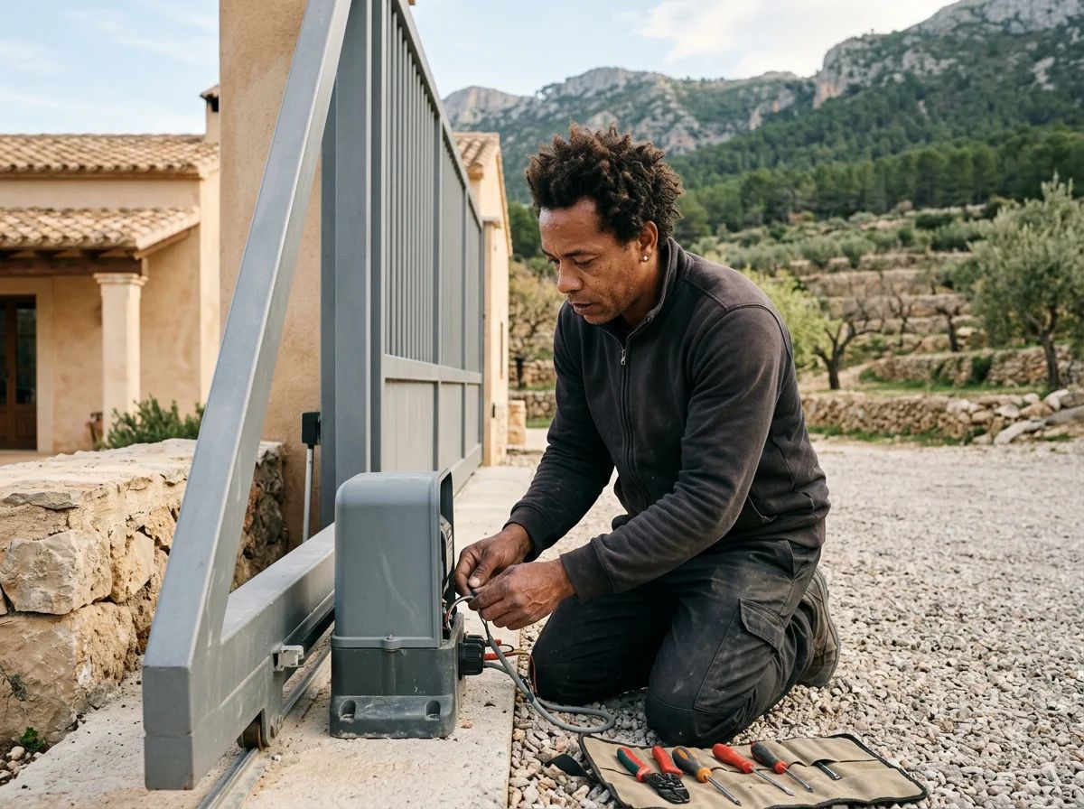 Automatismos de puertas en Penàguila: técnico instalando un motor de puerta corredera