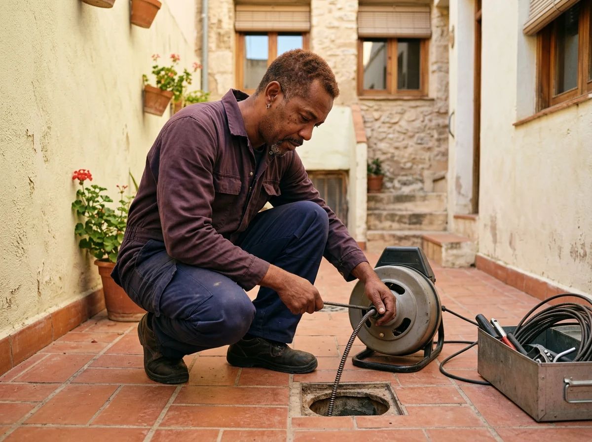 Desatascos en Crevillent: técnico desatascando un desagüe con máquina