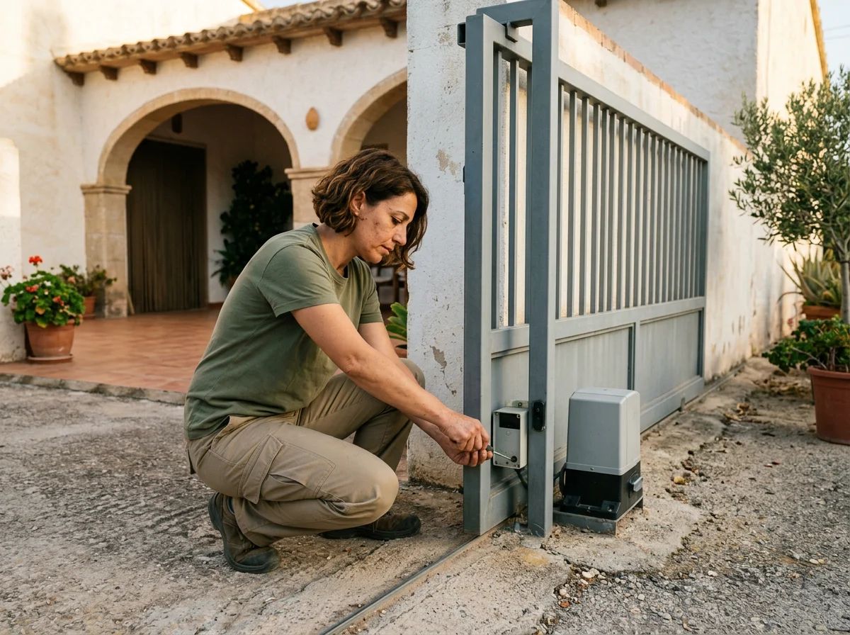 Automatismos de puertas en Gata de Gorgos: técnico ajustando una puerta peatonal automática