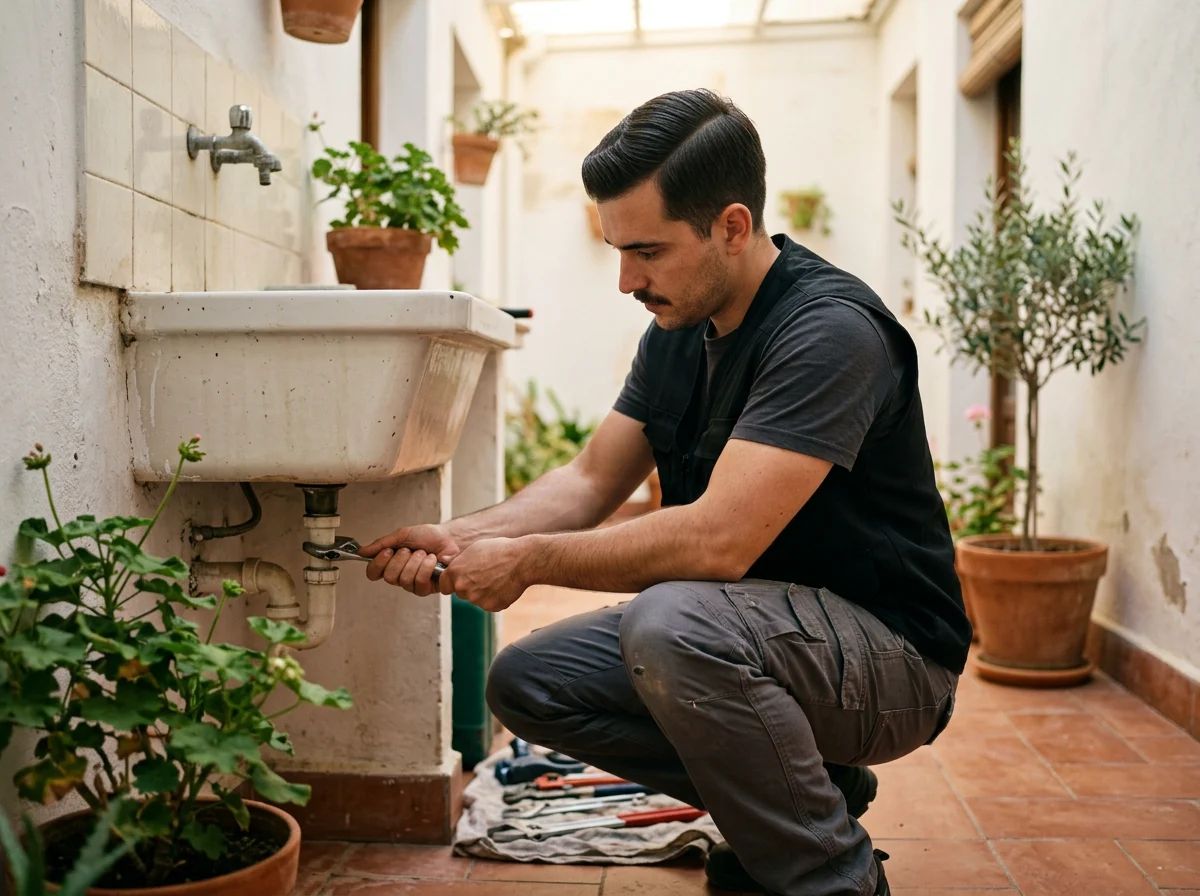 Fontaneros en Elche: técnico reparando la pila del patio