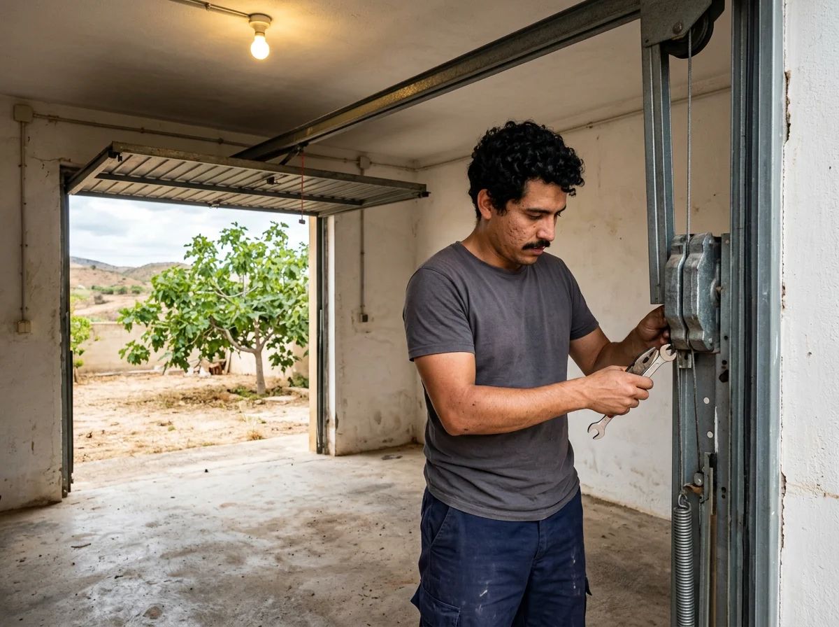 Puertas de garaje en Algueña: técnico ajustando el contrapeso de una basculante