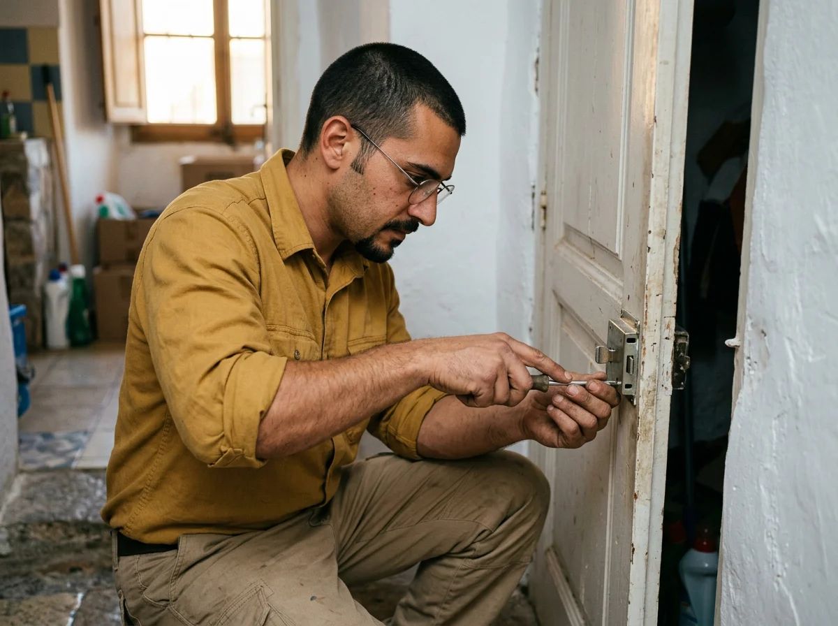 Cerrajeros en Benissa: técnico instalando una cerradura en la puerta de un trastero
