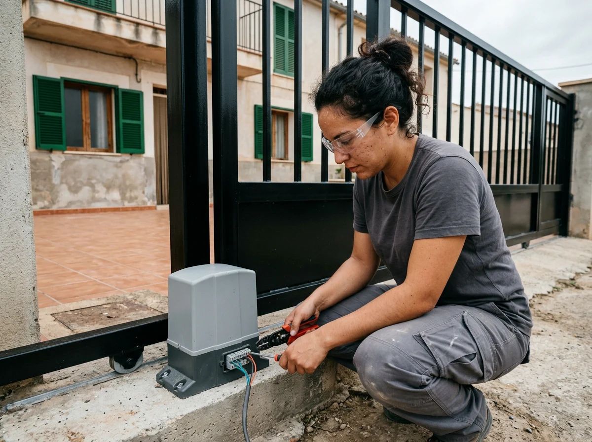 Automatismos de puertas en Polop: técnico instalando un motor de puerta corredera