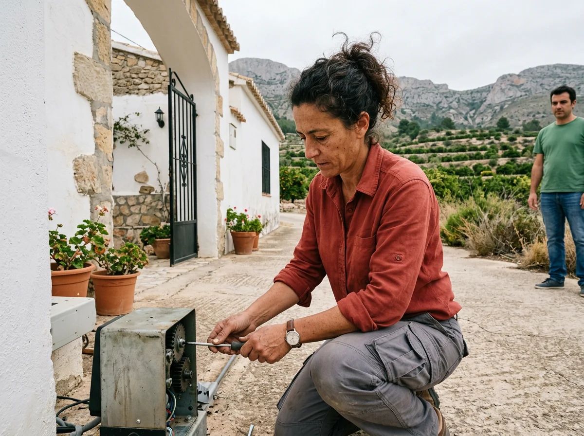 Automatismos de puertas en Murla: técnico ajustando una puerta peatonal automática