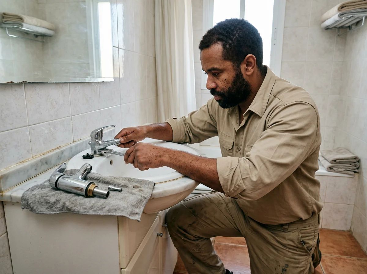 Fontaneros en Bigastro: técnico cambiando el grifo del lavabo