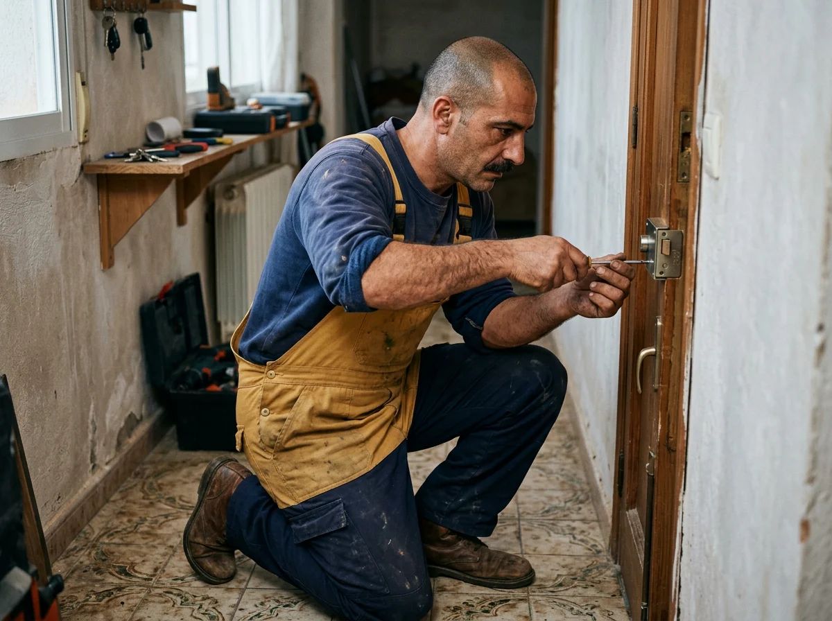 Cerrajeros en Bigastro: técnico instalando una cerradura en la puerta de un trastero