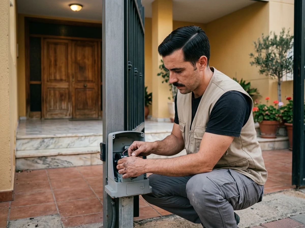 Automatismos de puertas en Agost: técnico revisando la puerta automática de una comunidad