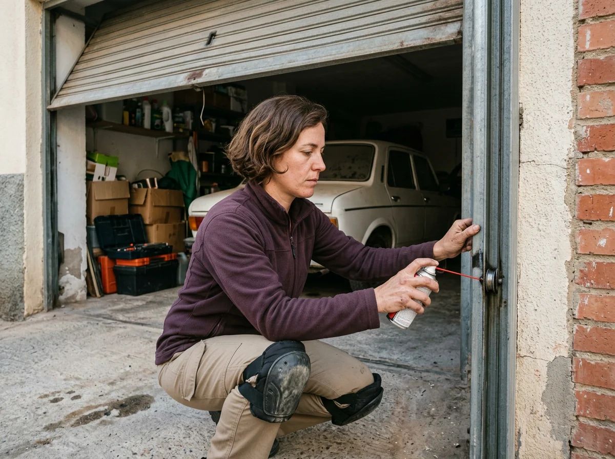 Puertas de garaje en Cocentaina: técnico engrasando una puerta basculante