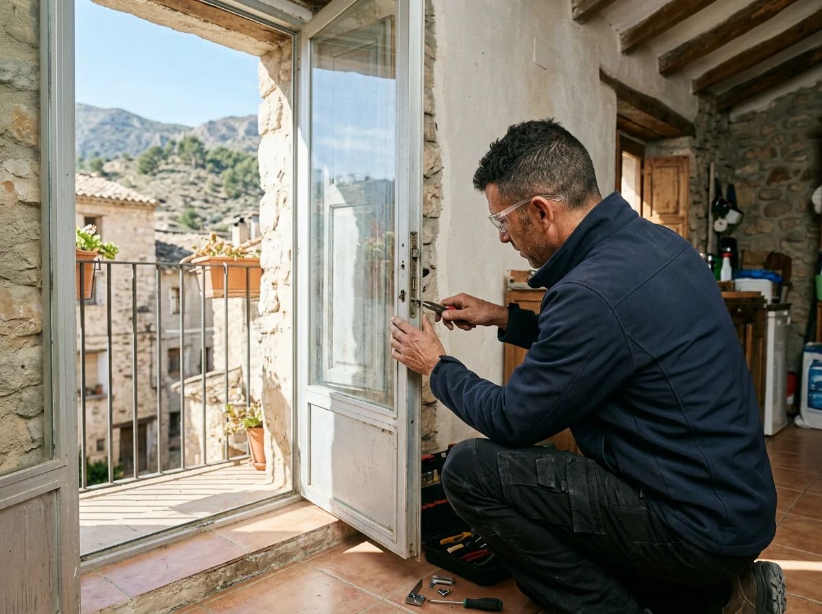 Cerrajeros en Ibi: técnico cambiando la cerradura de una puerta de balcón