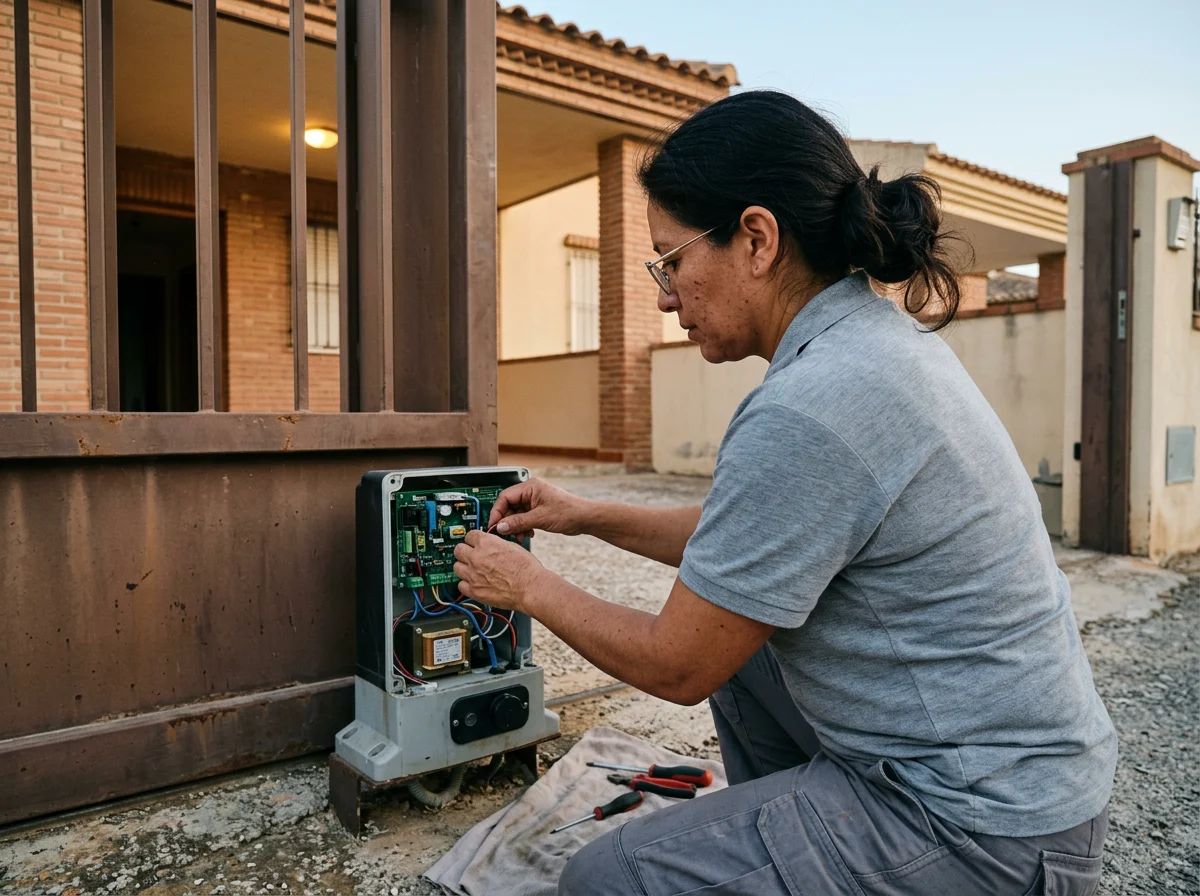 Automatismos de puertas en Cañada: técnico revisando la placa de control de un automatismo