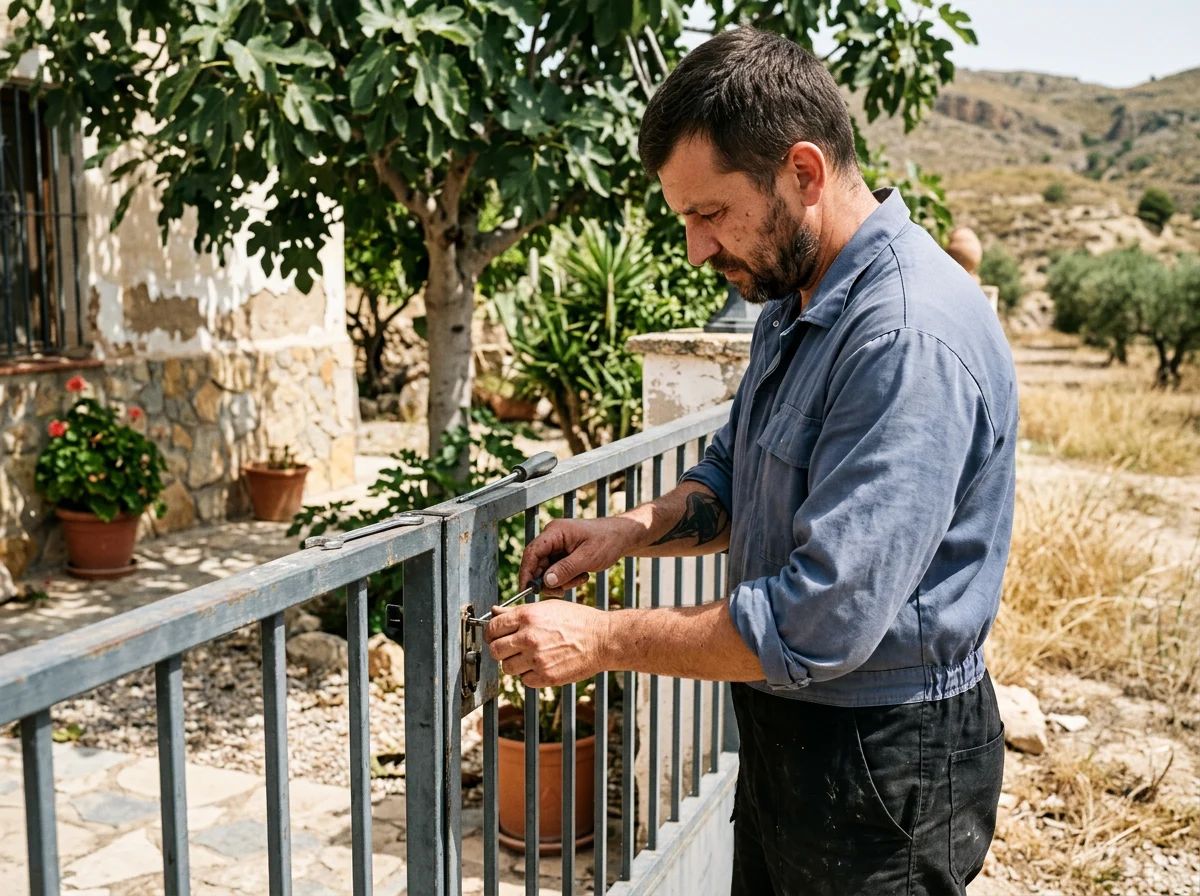 Cerrajeros en Biar: técnico reparando la cerradura de una cancela de jardín