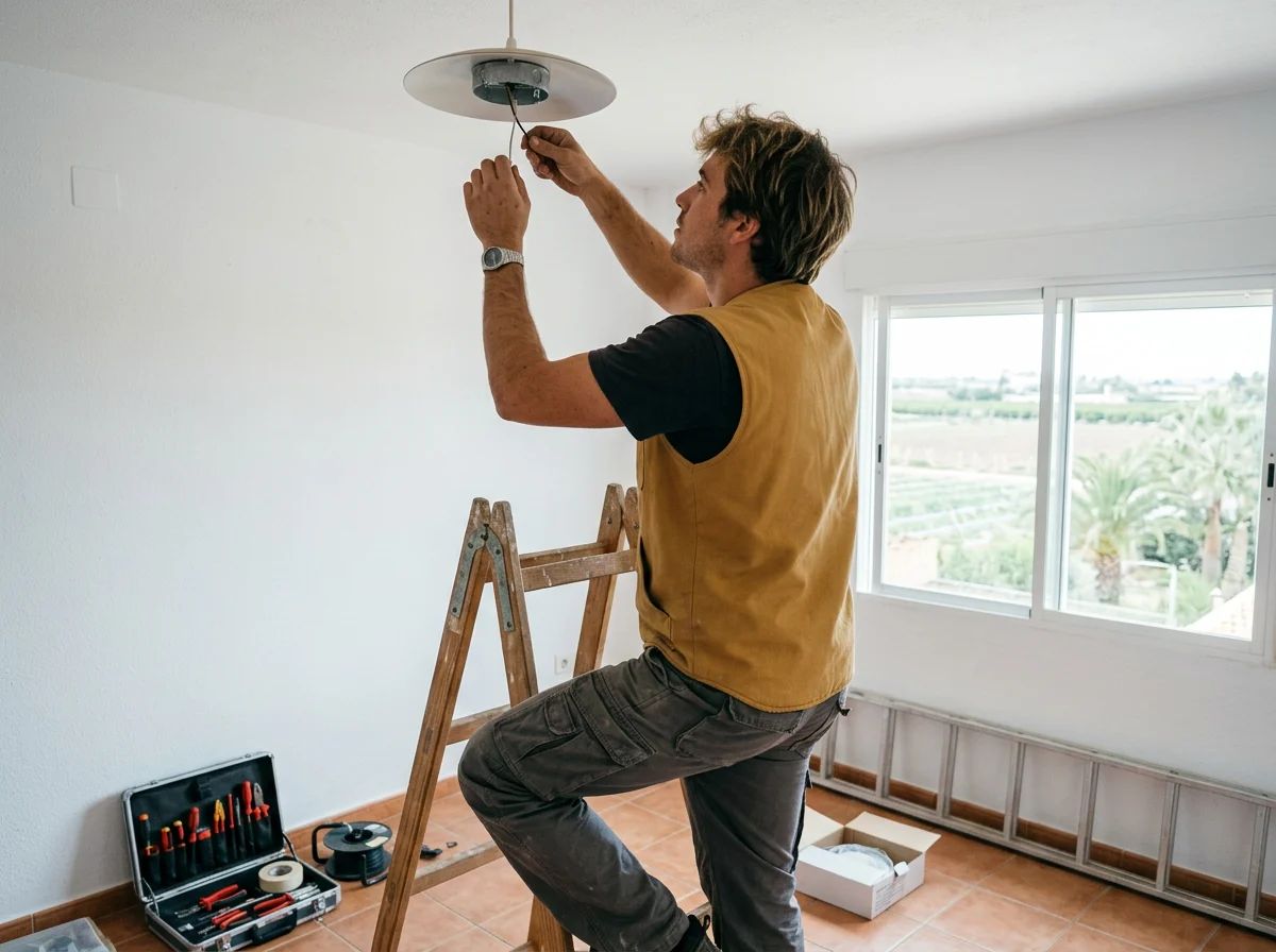 Electricistas en Algorfa: técnico instalando una lámpara de techo
