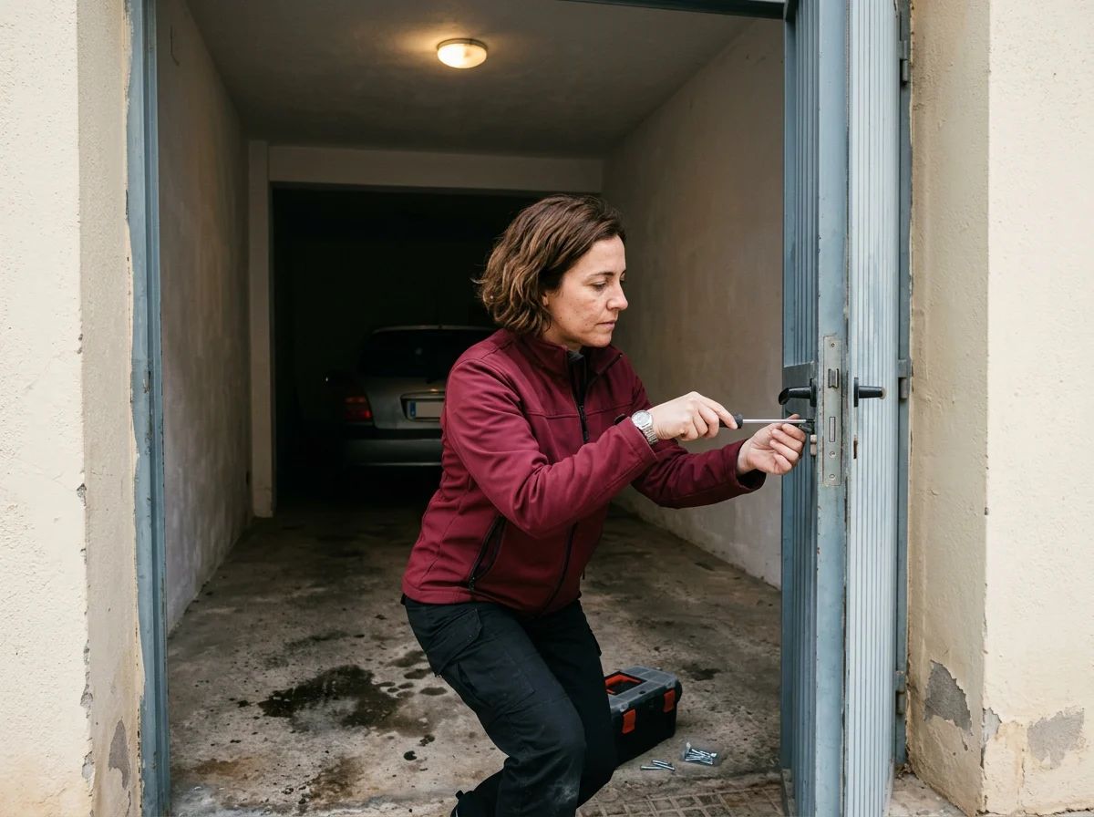 Puertas de garaje en San Vicente del Raspeig: técnico reparando la cerradura de una puerta de garaje