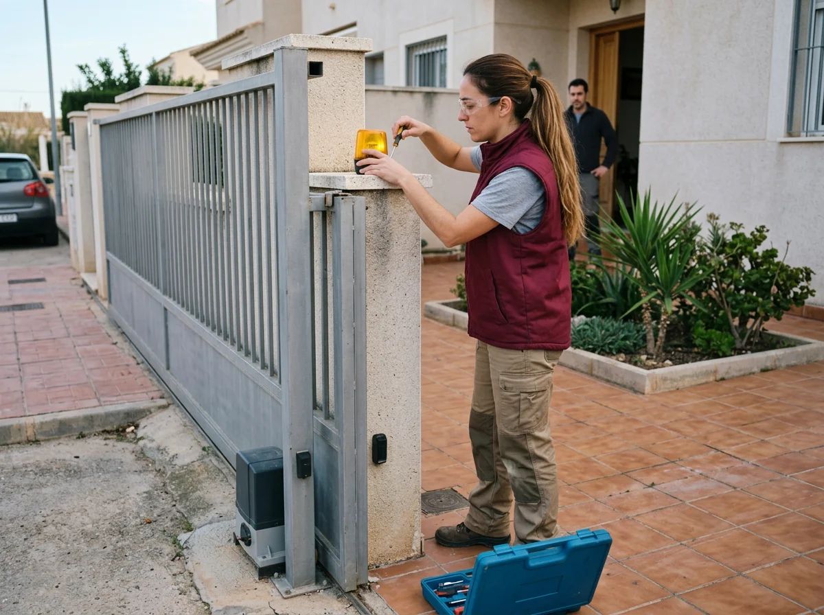 Automatismos de puertas en Almoradí: técnico instalando la luz de aviso de una puerta automática