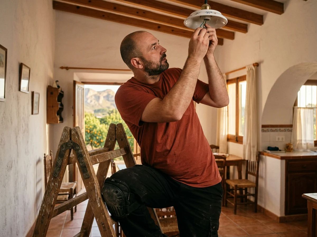 Electricistas en El Ràfol d'Almúnia: técnico instalando una lámpara de techo