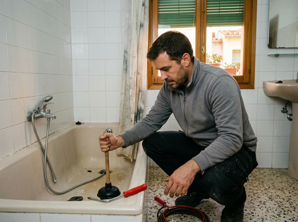 Desatascos en Benigembla: técnico desatascando una bañera