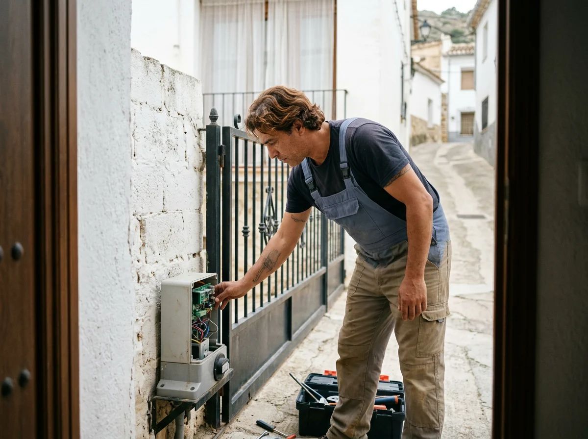 Automatismos de puertas en Busot: técnico revisando la placa de control de un automatismo